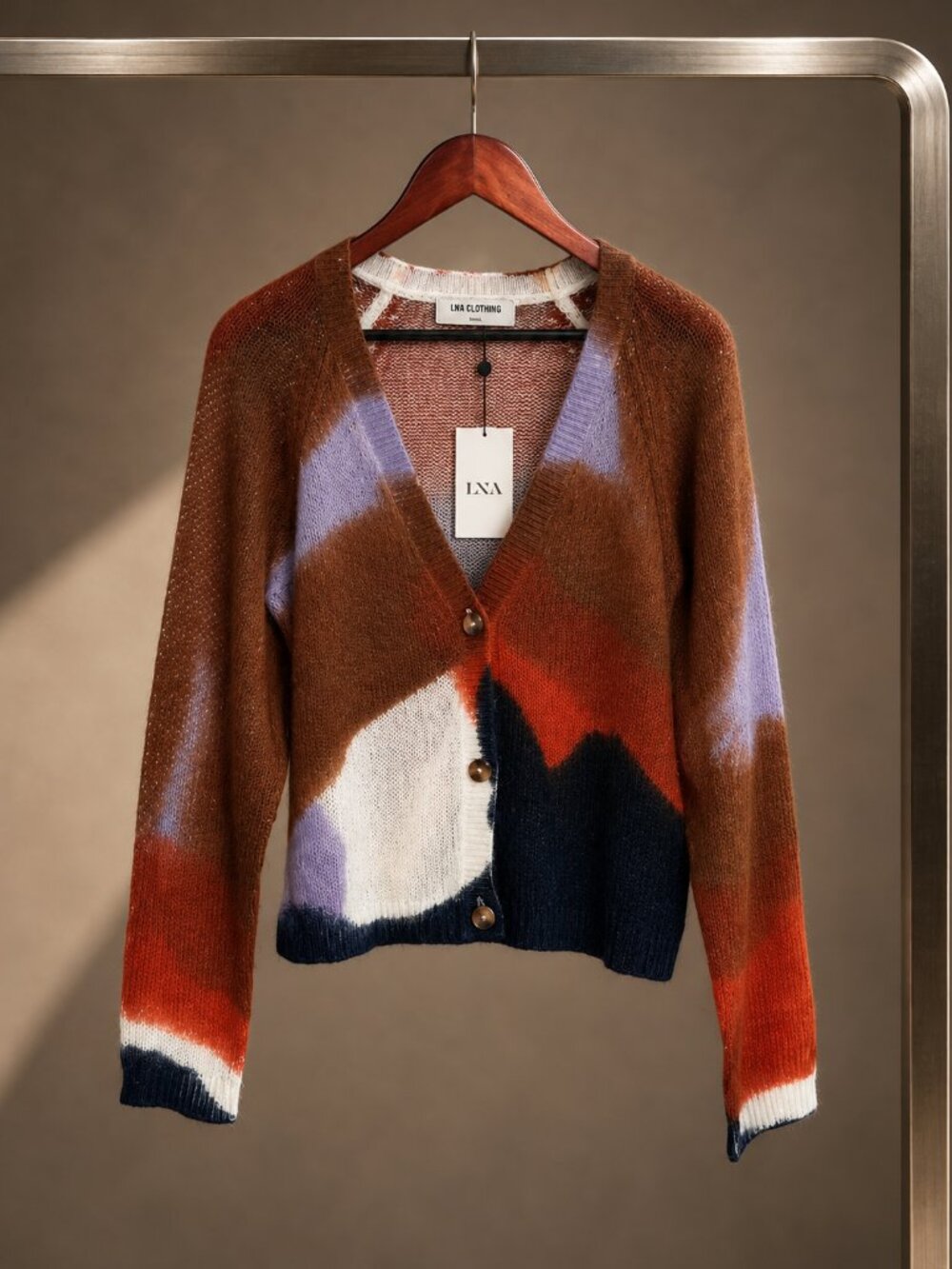 LNA Clothing Painted Knit Cardigan Rust Lavender Navy Cropped V-Neck S NWT